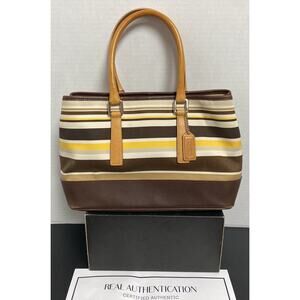 Coach Hampton Canvas Tote Yellow and Brown Stripes